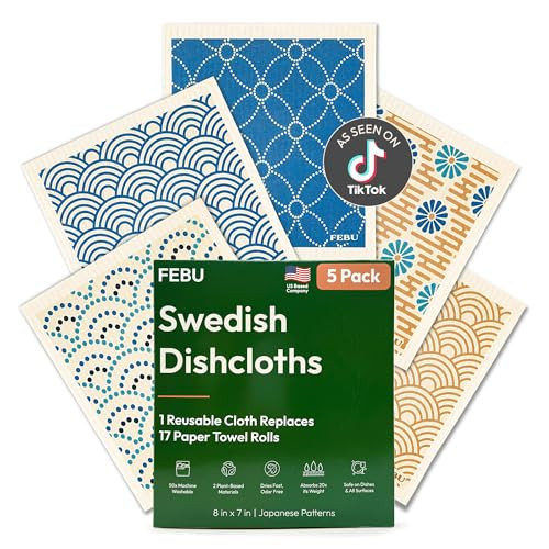 FEBU Swedish Dishcloths for Kitchen | 5 Pack Japanese Reusable Paper Towels Washable | Swedish Dish Towels | Non-Scratch Cellulose Sponge Cloths | No Odor, Biodegradable Cleaning Cloths | Amazon (US)