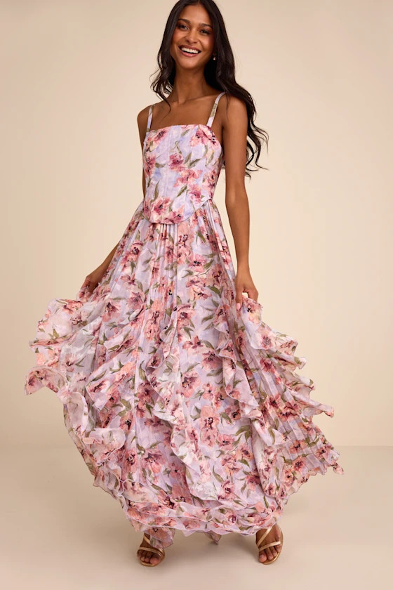 Hensley Lavender Multi Floral Bustier Maxi Dress | Lulus