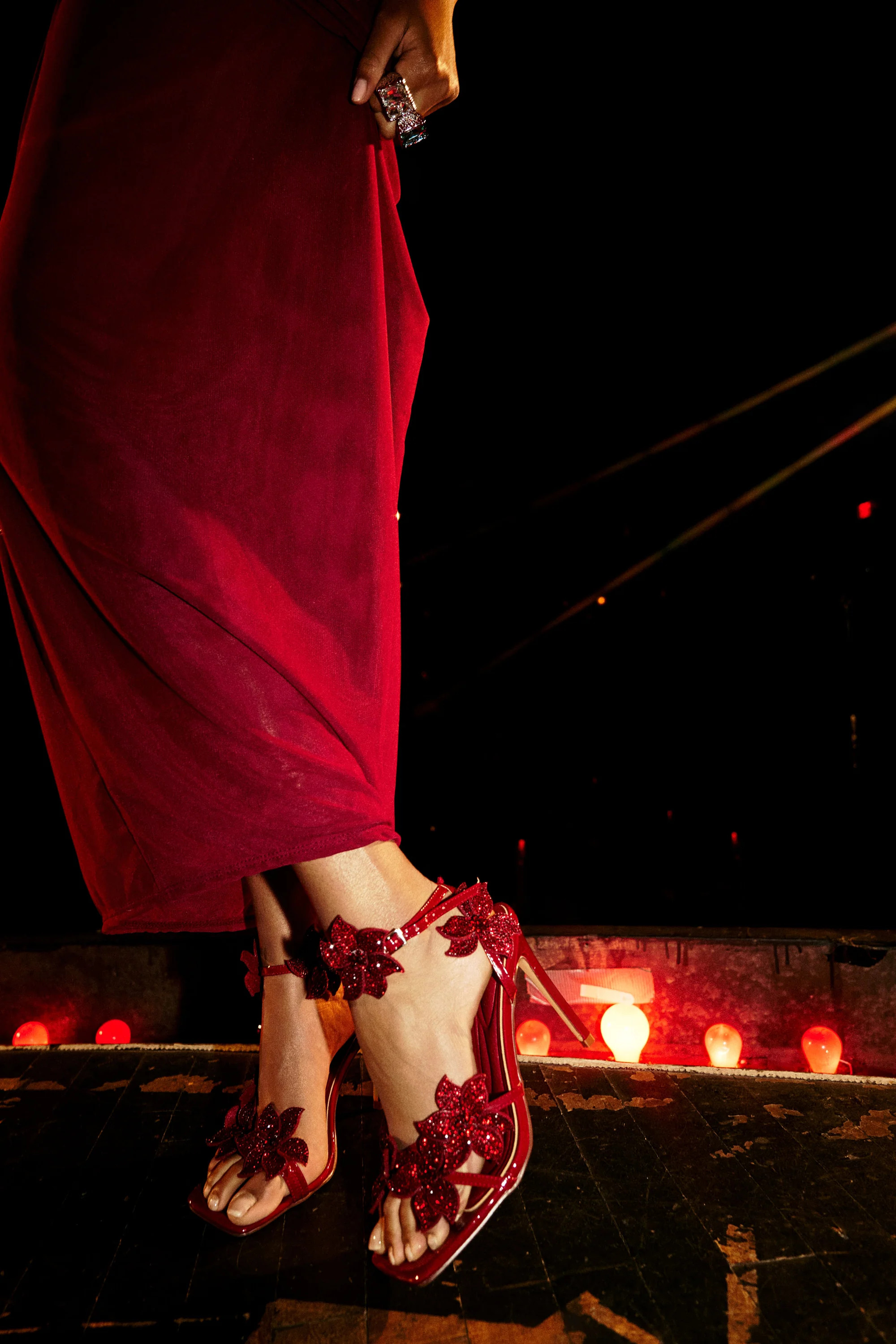 AZALEA WANG ROMI DARK CHERRY RHINESTONE FLORAL EMBELLISHED SANDAL | AKIRA