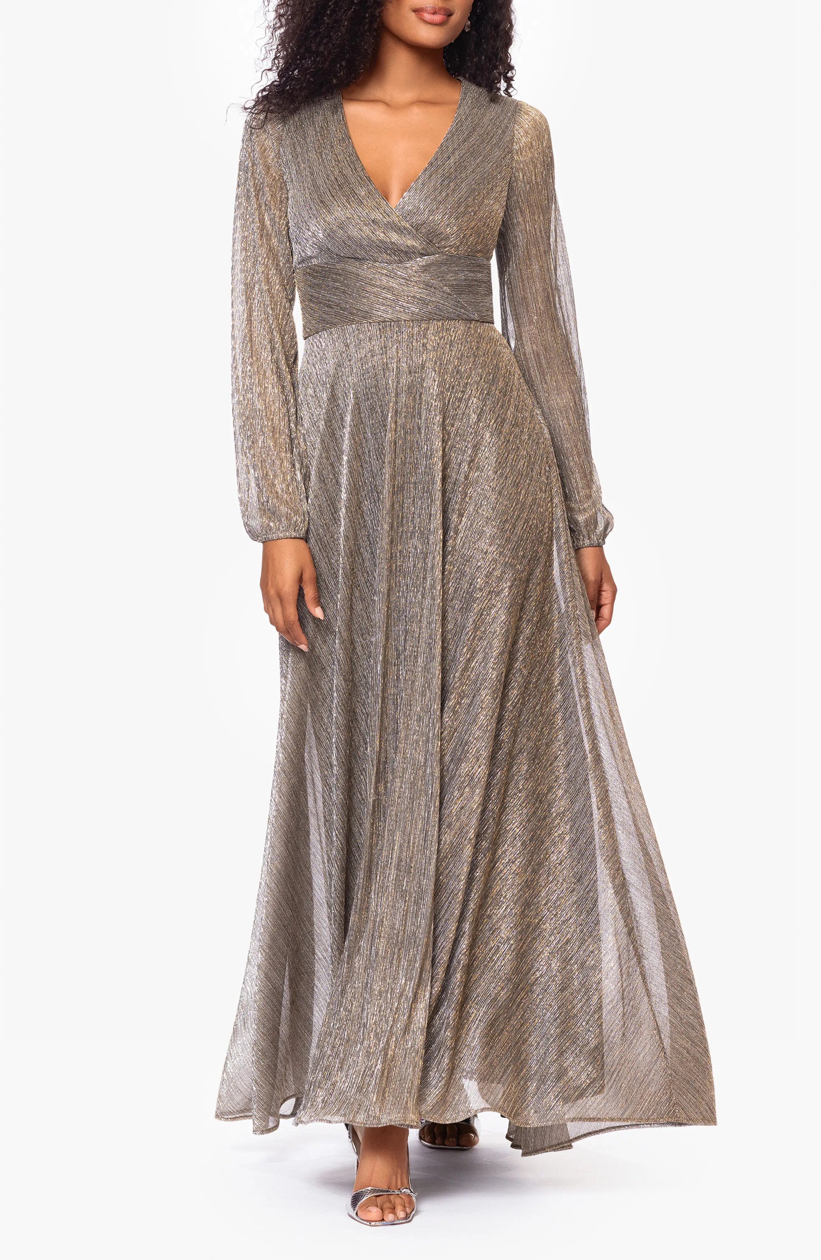 Betsy & Adam Long Sleeve Metallic Knit Gown in Mocha/Gold at Nordstrom, Size 12P | Nordstrom