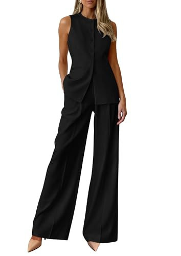 PRETTYGARDEN Women's 2 Piece Sets Summer 2026 Work Clothes Sleeveless Blazer Vest Pants Suits Spring Business Casual Outfits (Black,XX-Large) | Amazon (US)