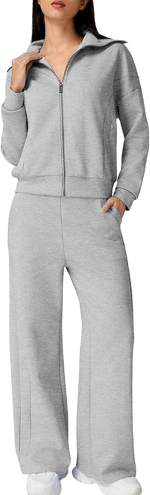 QINSEN Women's Cotton 2 Piece Outfits Lapel Long Sleeve Zip Up Sweatshirt Wide Leg Pants Matching... | Amazon (US)