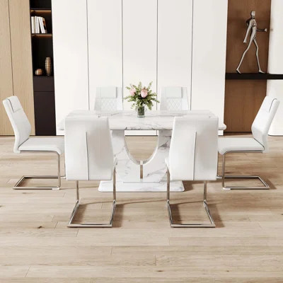 Table And Chair Set,Marble Pattern Dining Set - 63"X37" With 6 PU Chairs, Textured Marble Pattern Sticker,Metal Chair Legs | Wayfair North America