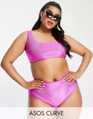 ASOS DESIGN Curve mix and match mirror satin rib crop bikini top in bright pink | ASOS (Global)