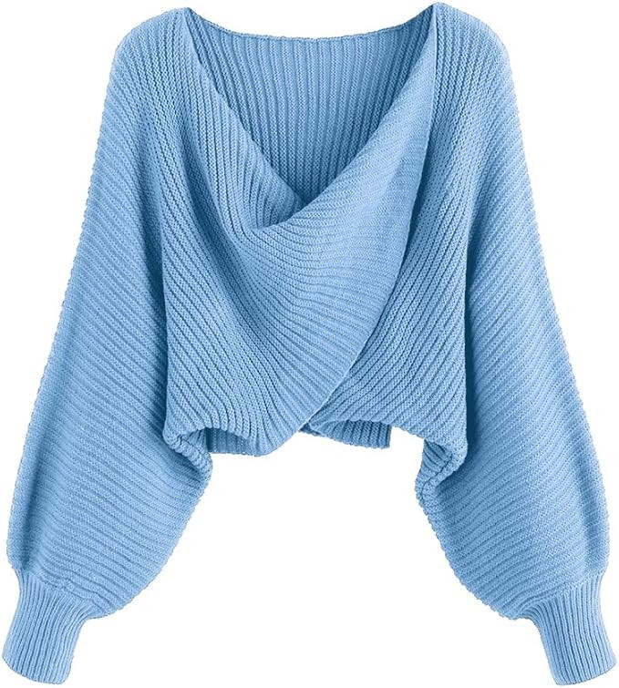 ZAFUL Women's V-Neck Asymmetric Twist Pullover Crop Knitted Sweater Jumper | Amazon (US)