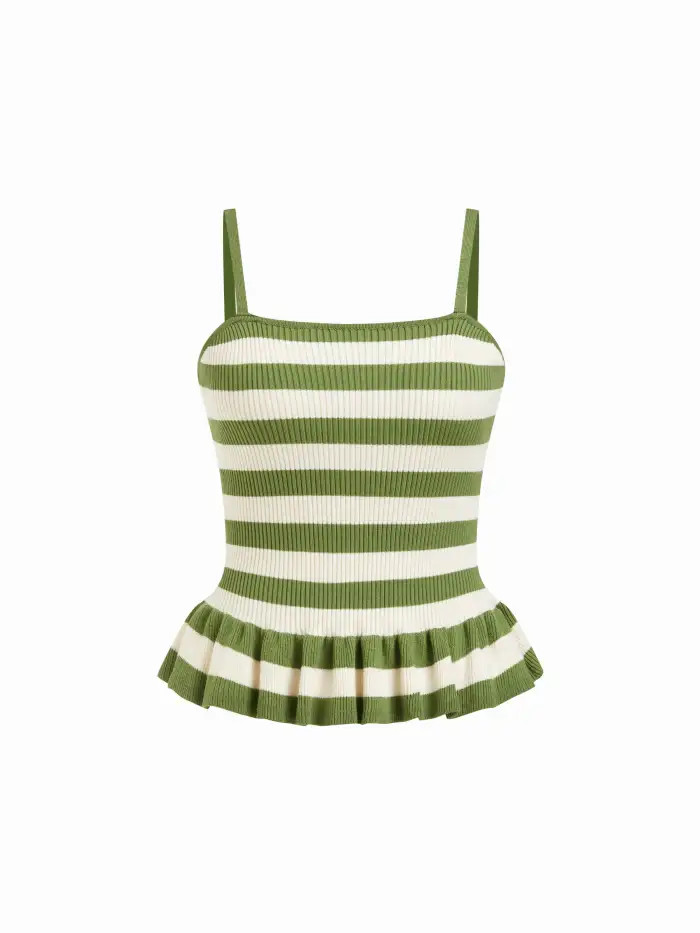 Knit Fabric Knit Striped Square Neckline Peplum Hem Cami Top For Daily Casual | Cider