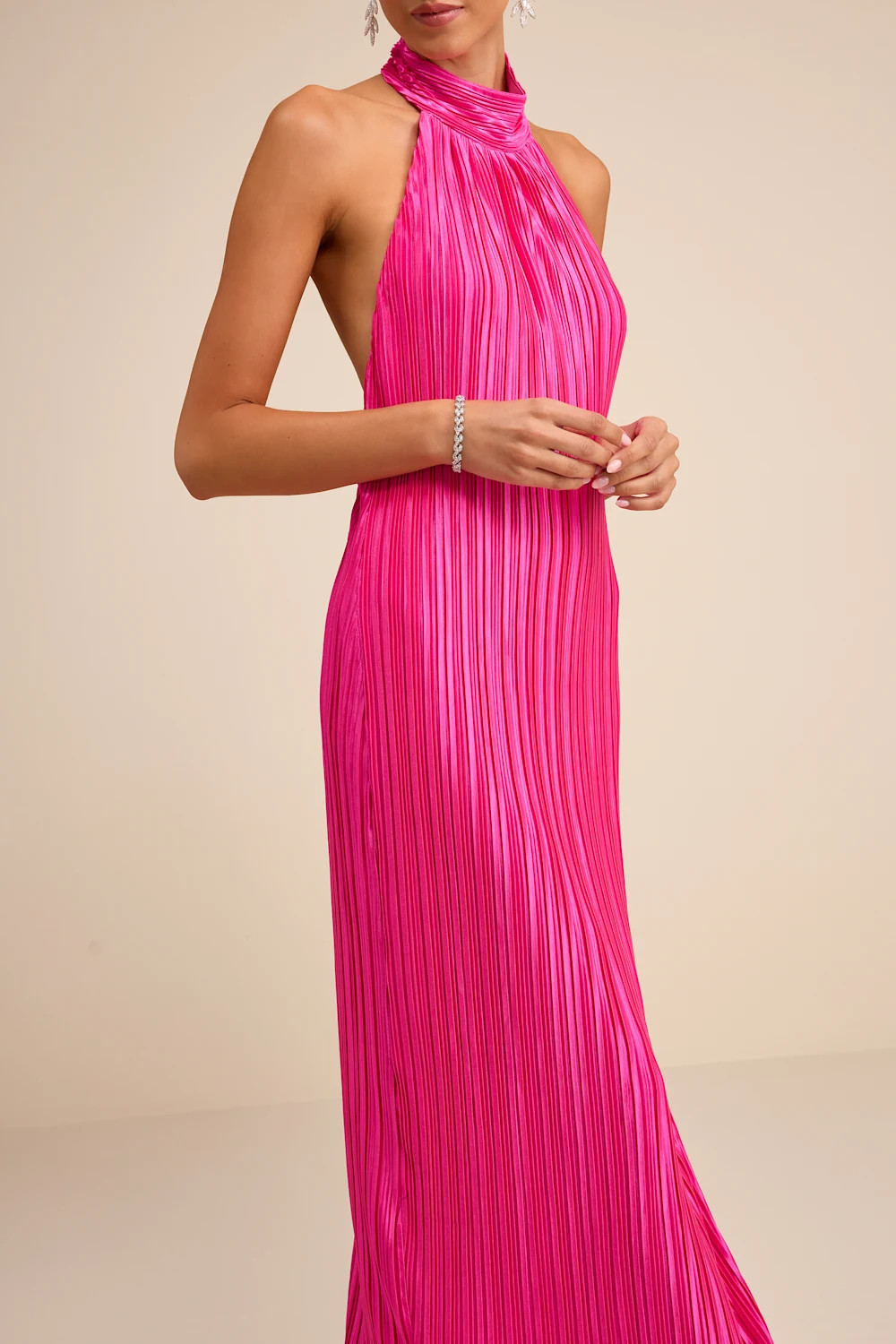 Gwenny Hot Pink Satin Plisse Maxi Dress | Lulus