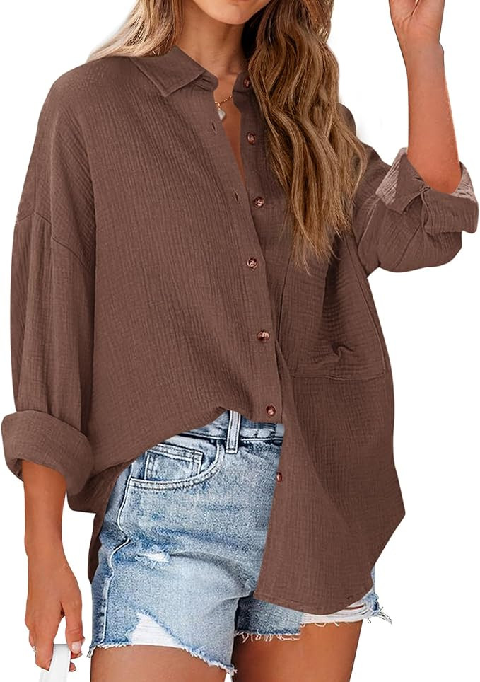 NOLLSOM Casual Shirts for Women Long Sleeve Button Down Blouses Spring 2026 Solid Color Trendy To... | Amazon (US)