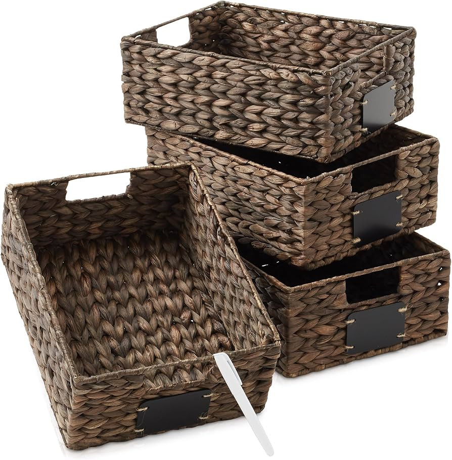 Casafield Set of 4 Water Hyacinth Pantry Baskets, 10" x 13" x 5", with Chalkboard Labels and Chal... | Amazon (US)