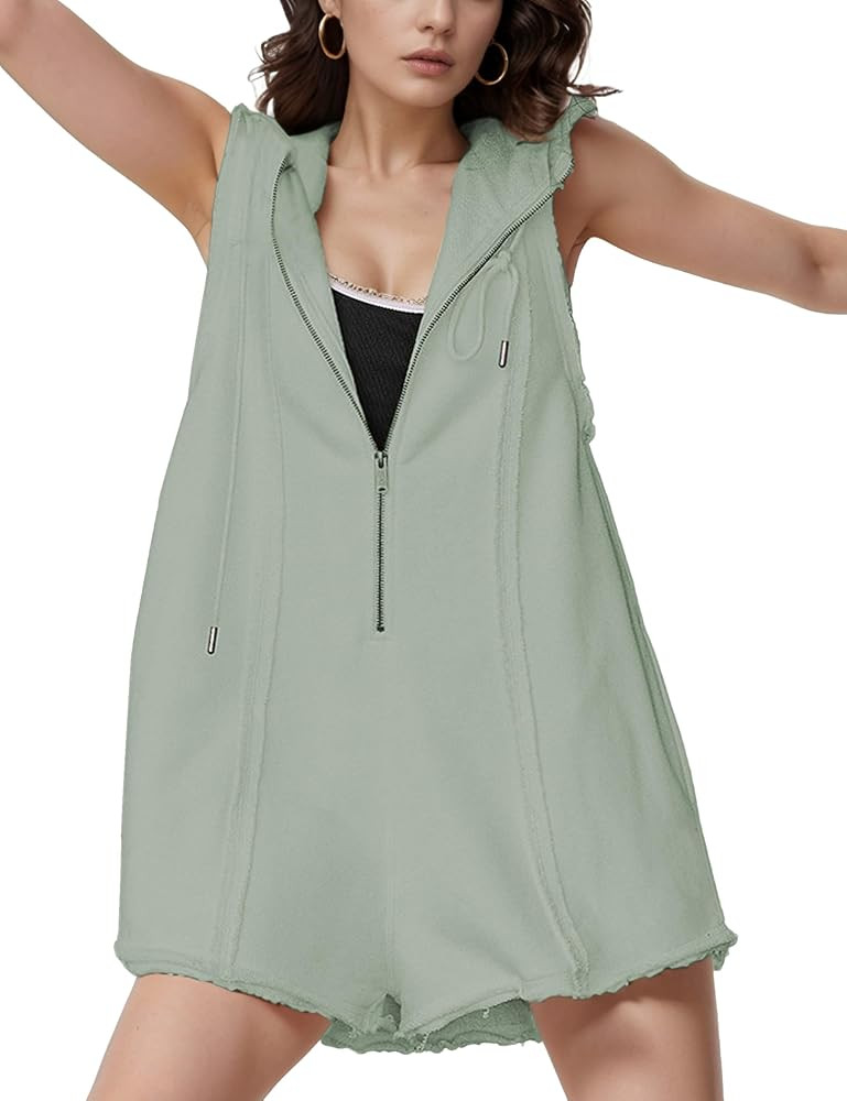 Rompers for Women Athletic Workout Hooded Romper Casual Zip-Front Neck Jumpsuits Overalls with Po... | Amazon (US)