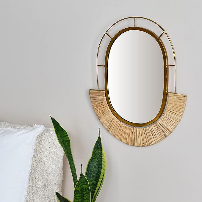 Main + Mesa Oval Modern Boho Metal and Cane Framed Wall Mirror, Natural | Amazon (US)