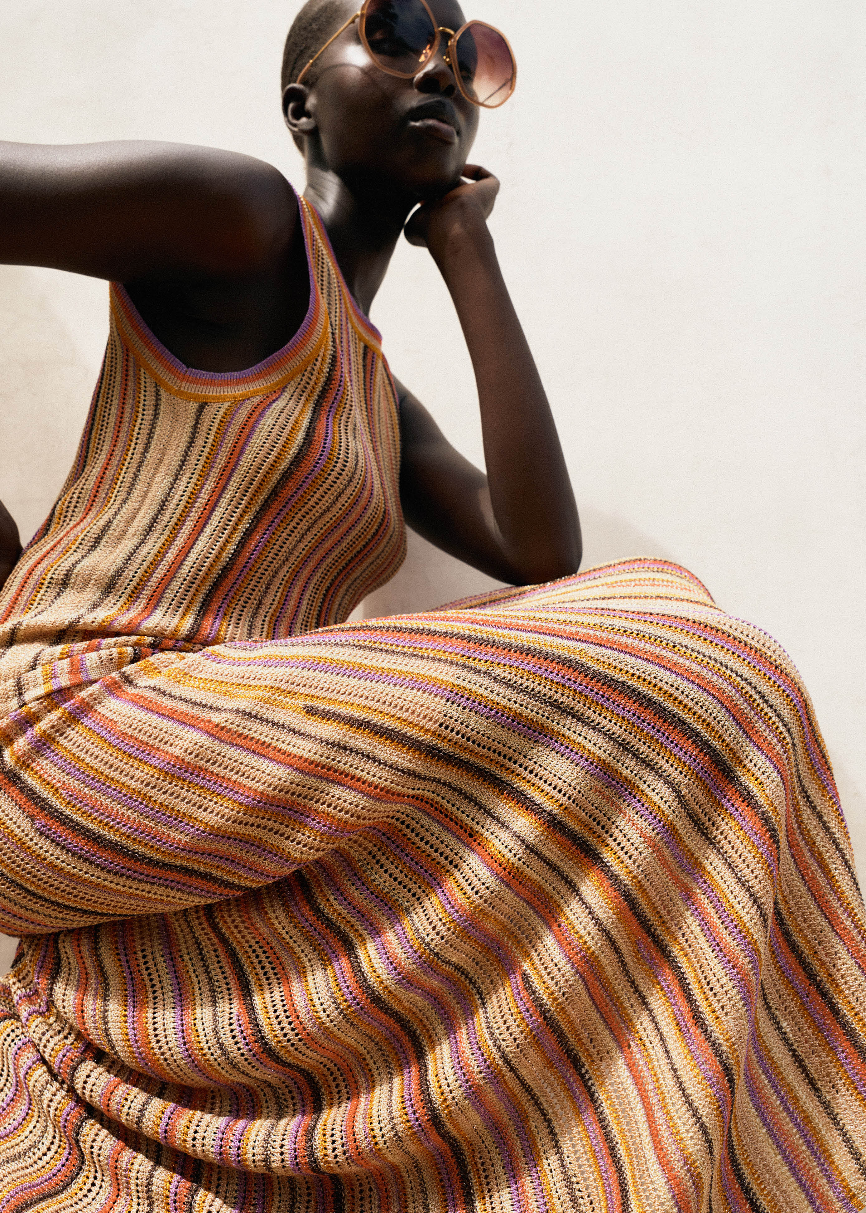 Women's Gold Metallic Textured Stripe Knit Maxi Skirt | ME+EM | ME+EM US