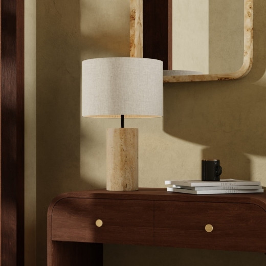 Emberlyn Table Lamp, White Linen & Travertine | Cult Furniture UK