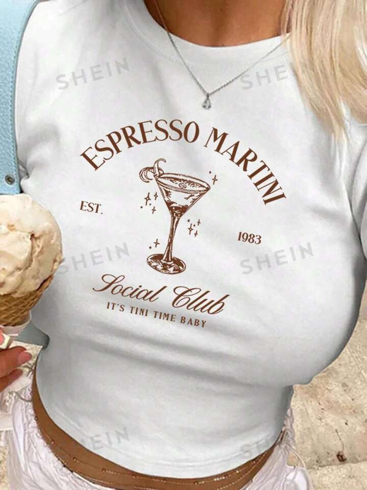 SHEIN EZwear Women's Summer Y2K Cocktail Espresso Martini Cropped T-Shirt | SHEIN USA | SHEIN