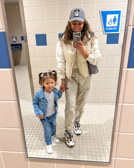 Airport outfit. Beige outfit. Neutral travel outfit. Sneakers. Toddler girl outfit. Toddler outfits. Mom style. Cargo pants. Target style. 

#LTKtravel #LTKfamily
