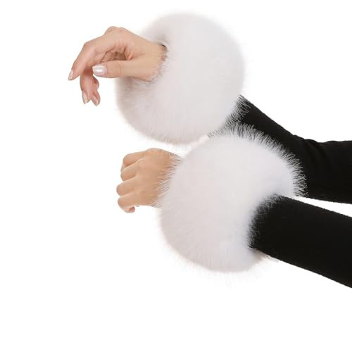 Roniky Women's Faux Fur Wrist Cuffs, Winter Fox Furry Wristbands, Fluffy Fur Cuff Bracelets, Arm Warmers (White, One Size) | Amazon (US)