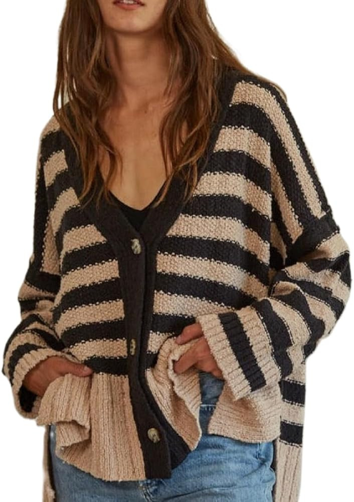 Women Oversized Striped Knit Cardigan Open Front Button V Neck Sweaters Ruffle Hem Trendy Y2k Fal... | Amazon (US)
