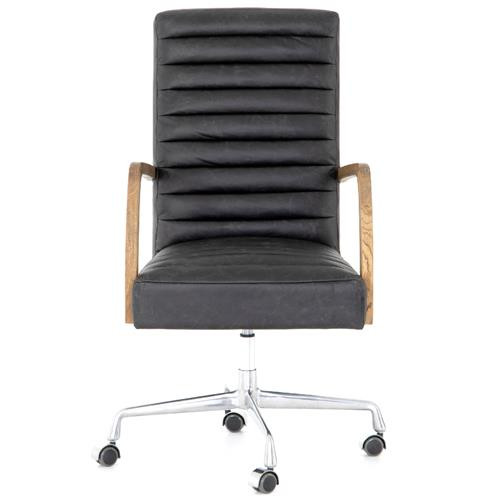 Sonn Mid Century Black Upholstered Leather Brown Wood Silver Steel Tufted Office Chair | Kathy Kuo Home
