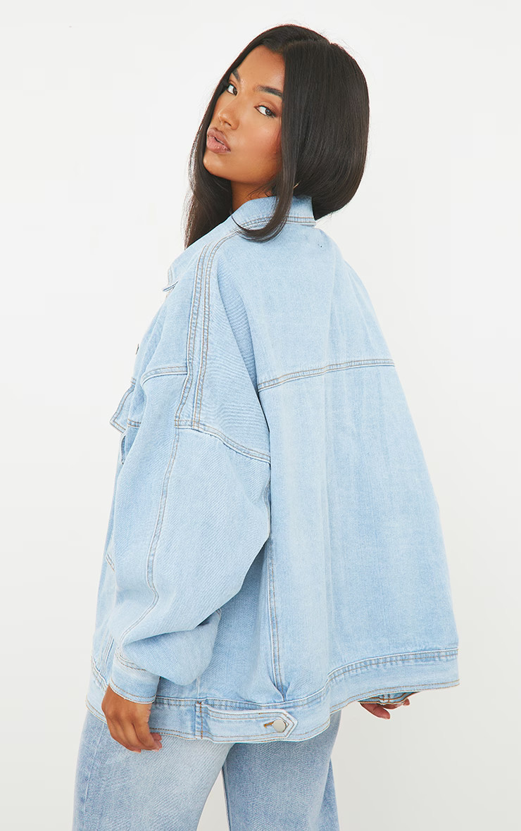 Light Blue Wash Oversized Drop Shoulder Denim Jacket | PrettyLittleThing US