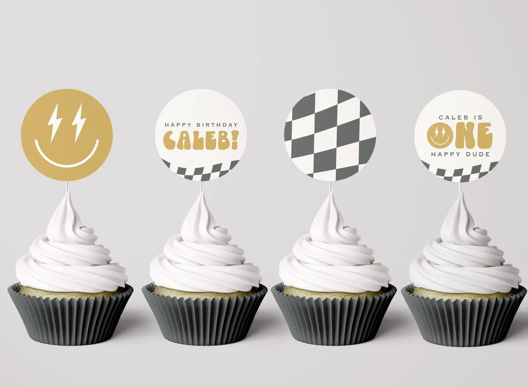 One Happy Dude Birthday Toppers, Retro One Happy Dude Stickers, One Rad Dude, Editable Digital Te... | Etsy (US)