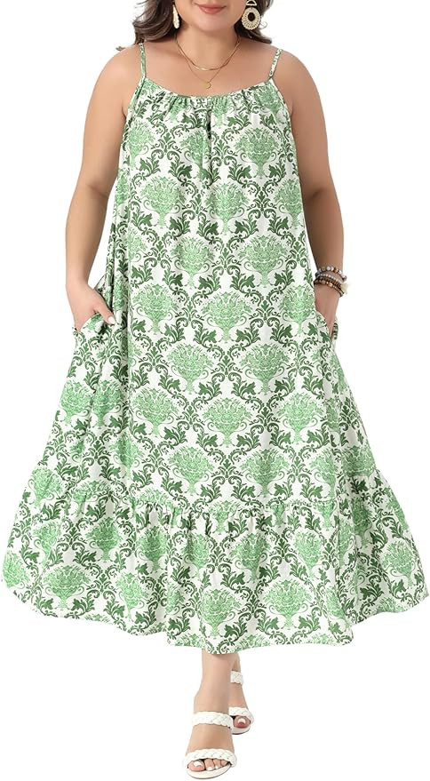 Agnes Orinda Women's Plus Size Summer Spaghetti Strap Boho Print Midi Dress Sexy Sundress Swing F... | Amazon (US)