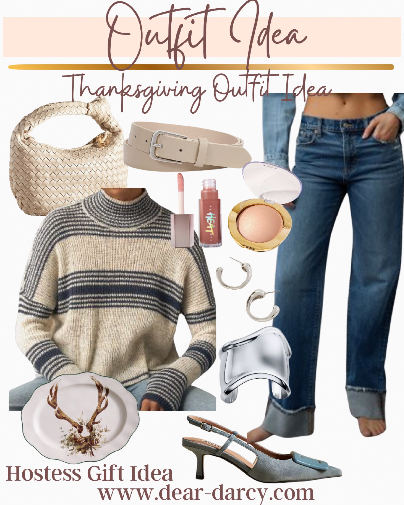 Thanksgiving day elevated casual outfit! Idea🦃🍂

Perfect  fall  outfit I love the denim blue shades with cream and paired with silver.

Med wash cuffed jeans fit tts

Anthropologie ivory and blue stripped sweater 

Ivory belt with silver buckle 
Ivory woven bag with side knot

Grey 2 buckle points flat 

Amazing designer dupe jewelry 
Bracelet, hoops , ring and bean necklace 

Beautiful tarte glow bronzer on sale 49% 

Heat by Fenty beauty lip plumper 

Great antler player for seeing and makes a great gift

#LTKGiftGuide #LTKSaleAlert #LTKHoliday
