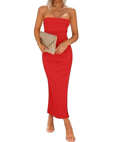 PRETTYGARDEN Womens Summer Bodycon Maxi Tube Dress Ribbed Strapless Side Slit Long Going Out Casu... | Amazon (US)