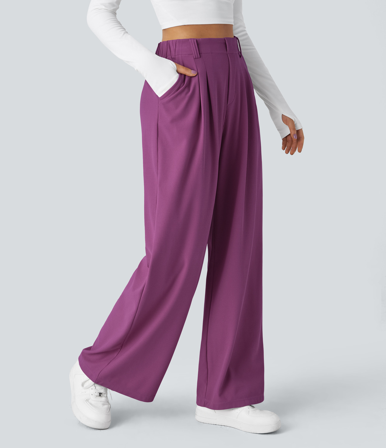 Halara Halara Flex™ High Waisted Plicated Side Pocket Wide Leg Waffle Work Pants - Meadow Mauve - M(regular) sweatpants jogger pants | HALARA