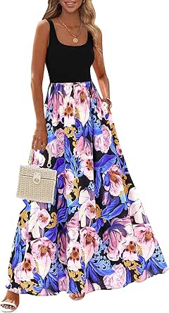 KIRUNDO Women Summer Sleeveless Boho Floral Maxi Dress 2026 Scoop Neck Tank A Line Flowy Beach Va... | Amazon (US)