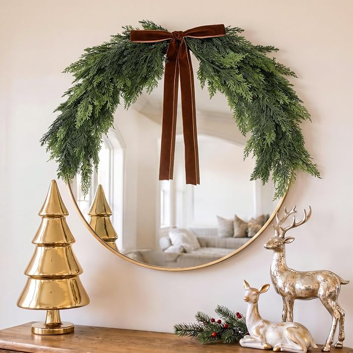 Dingion Christmas Mirror Garland 35.4'' Xmas Cedar Swag with Bow, Brown | Amazon (US)