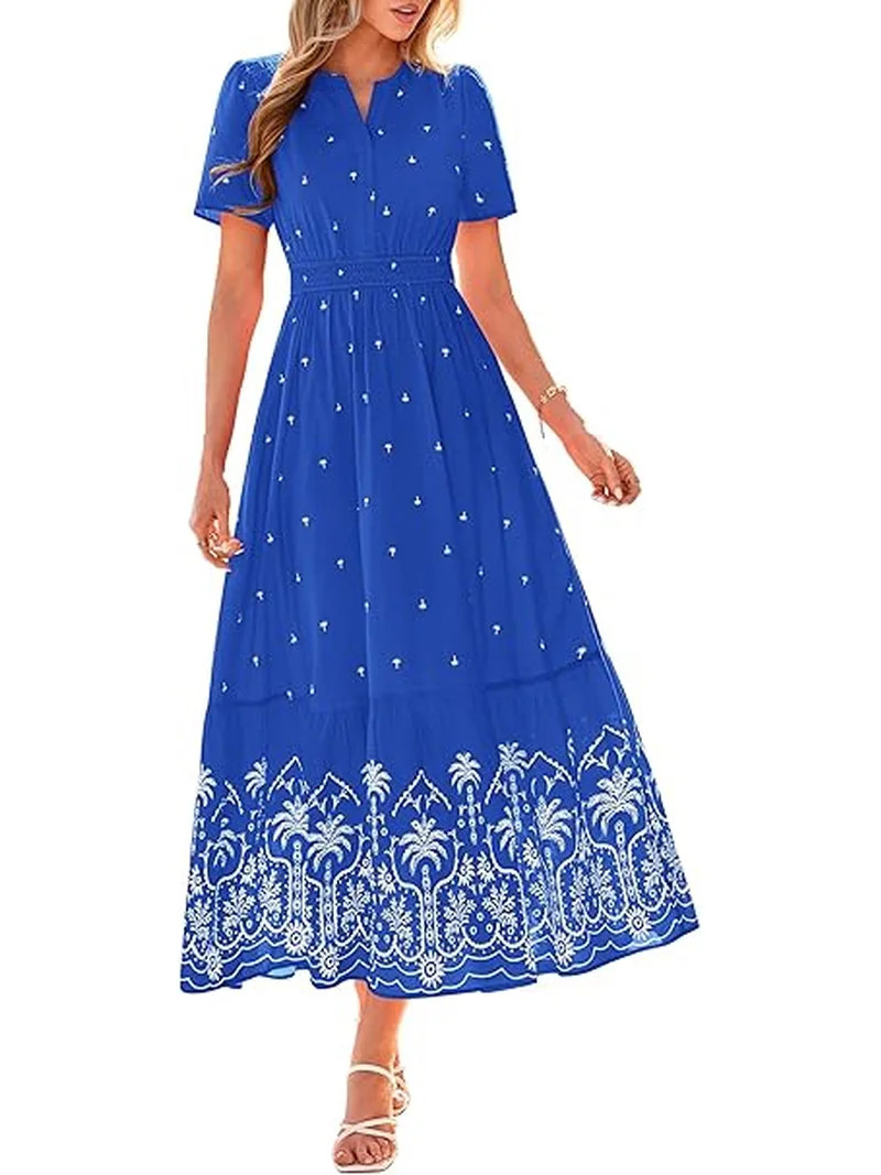 BTFBM Summer Dresses for Women Casual V Neck Short Sleeve Flowy Wedding Guest Beach Vacation Flor... | Walmart (US)