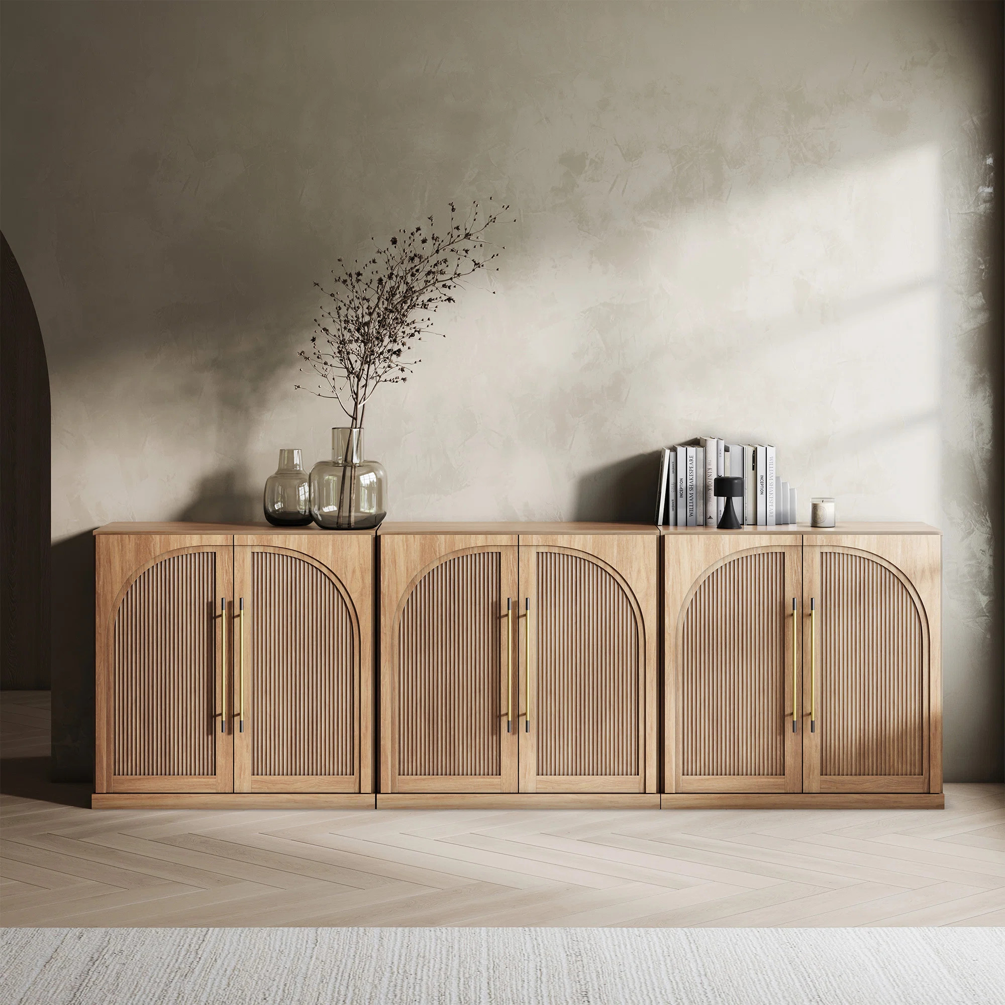 Set of 3 Modular Sideboard with Double-Arc Wood Doors, Camel (Set of 3) | Wayfair North America