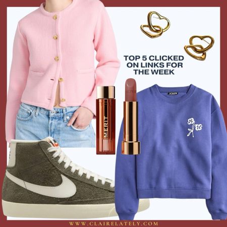 This weeks best sellers - cardigan, favorite high top sneakers, gold heart madewell earrings, merit lipstick, spring new arrival sweatshirt
❤️ Claire Lately 


#LTKMostLoved #LTKSpringSale #LTKstyletip