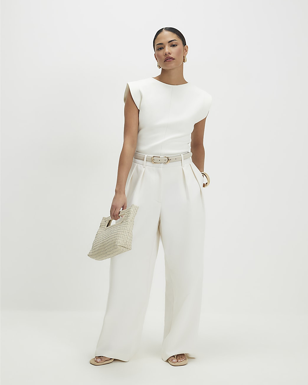 Petite Cream Belted Wide Leg Trousers | River Island UK & IE