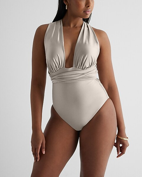 Metallic Ruched Convertible Body Contour One-Piece Swimsuit | Express