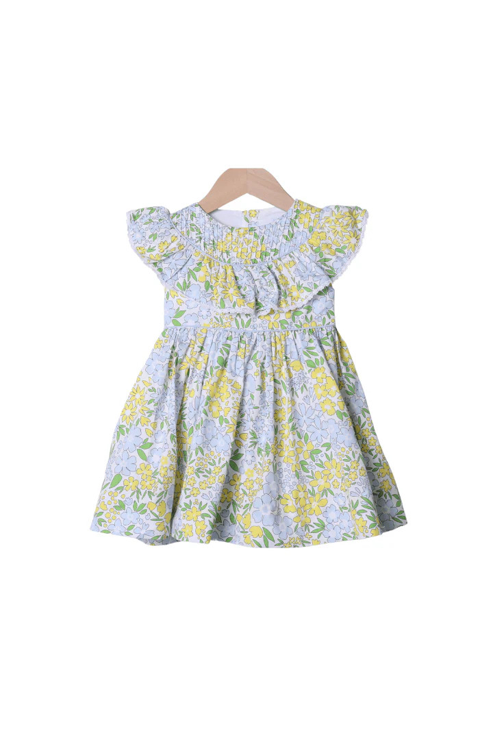 Yellow and Blue Floral Ruffle Dress | The Smocked Flamingo