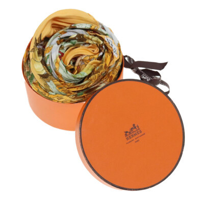 HERMES Carre Pleated Scarf ""Au Pays de Cocagne"" Silk Yellow Auth 77751  | eBay | eBay US