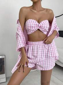 SHEIN EZwear Gingham Print Drop Shoulder Shirt & Shorts & Crop Tube Top SKU: sw2302220220855090$2... | SHEIN