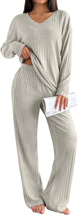 Ekouaer Lounge Sets for Women Long Sleeve Knit Ribbed Pajama Sets 2 Piece Casual Loungewear with ... | Amazon (US)