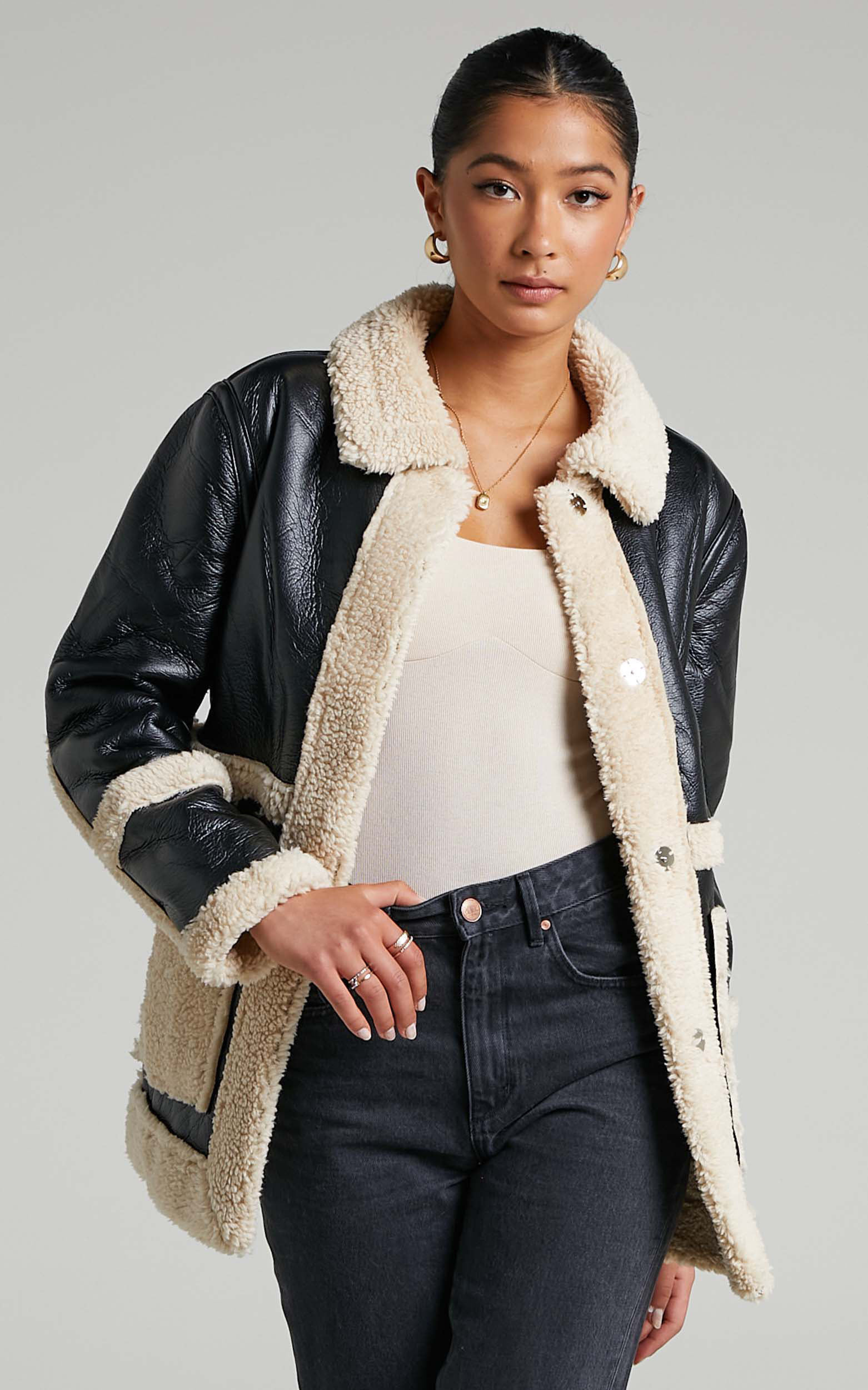 Ruth Faux Shearling Aviator Jacket in Black | Showpo (US, UK & Europe)