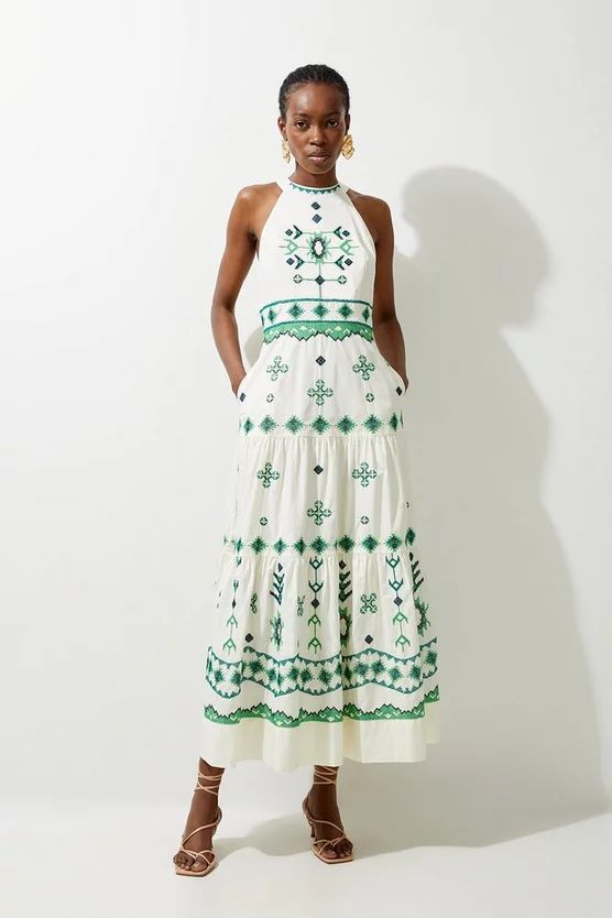 Cotton Embroidered Woven Halter Maxi Dress | Karen Millen UK + IE + DE + NL