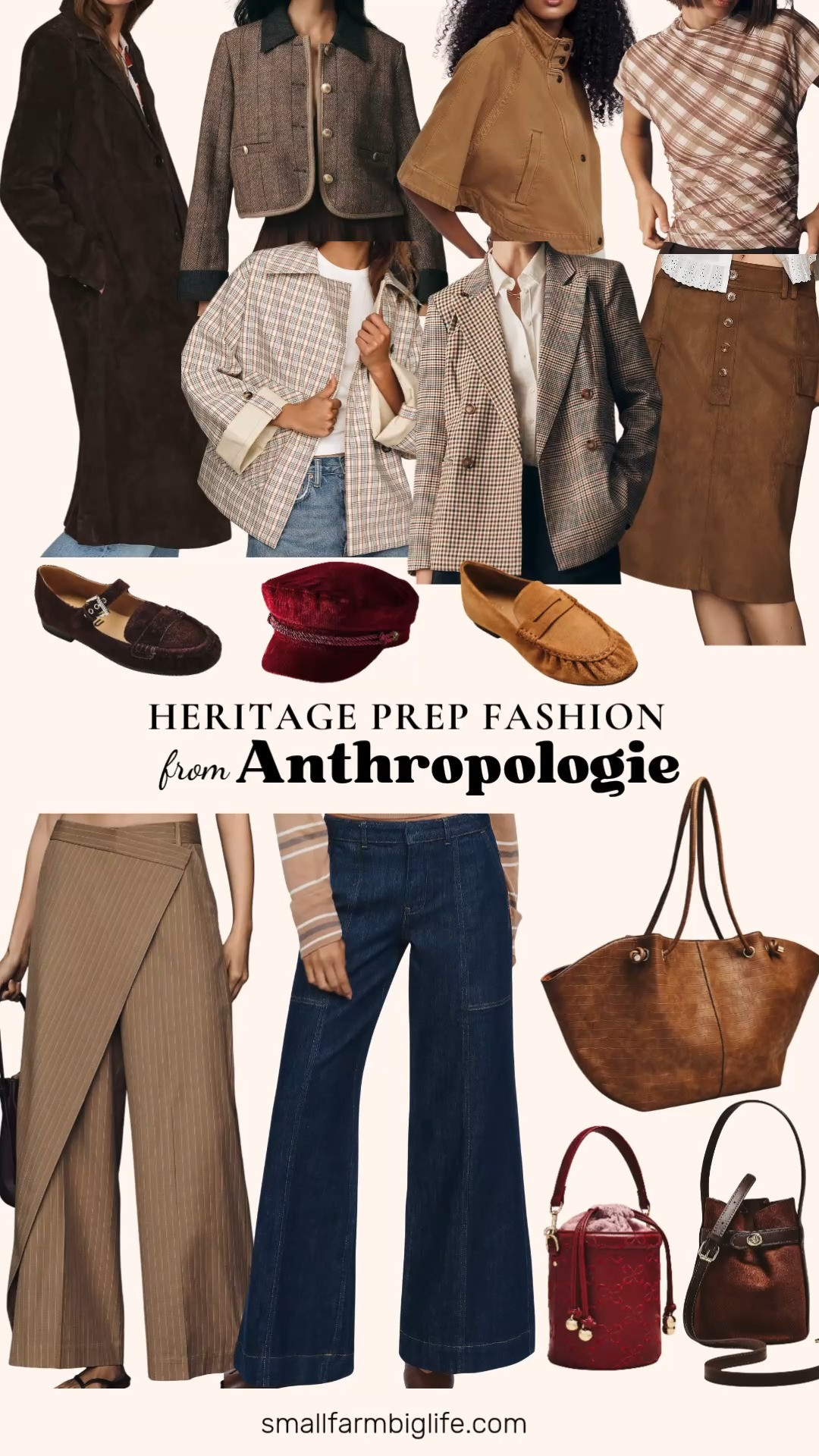 Heritage Prep Fashion From Anthropologie 🍂 Heritage prep is one of the biggest fall fashion trends, with classic plaids, rich browns, suede, and tailored pieces that feel timeless and polished. For outerwear, choose from a brown herringbone shrunken heritage lady jacket, an espresso suede longline coat, a camel cropped utility cape, a cream, light blue, and brown plaid reversible crop trench coat, and a brown, black, and cream plaid multi print blazer. The brown pinstripe wrap front trousers and the ivory and brown plaid ruched mock neck top are perfect for business casual workwear. The tan faux suede cargo skirt and dark denim low rise relaxed flare jeans are easy weekend picks. Finish your fall outfits with brown suede Mary Jane loafers, honey scrunch loafers, a burgundy corduroy newsboy cap, and a tan faux suede buckle bucket bag or red faux leather bucket bag. These pieces mix and match beautifully for fall outfits for women over 50 and beyond!

#anthropologie #anthropologiestyle #heritageprep #falloutfits #fallfashion 

 #LTKootd #LTKOver40 #LTKWorkwear