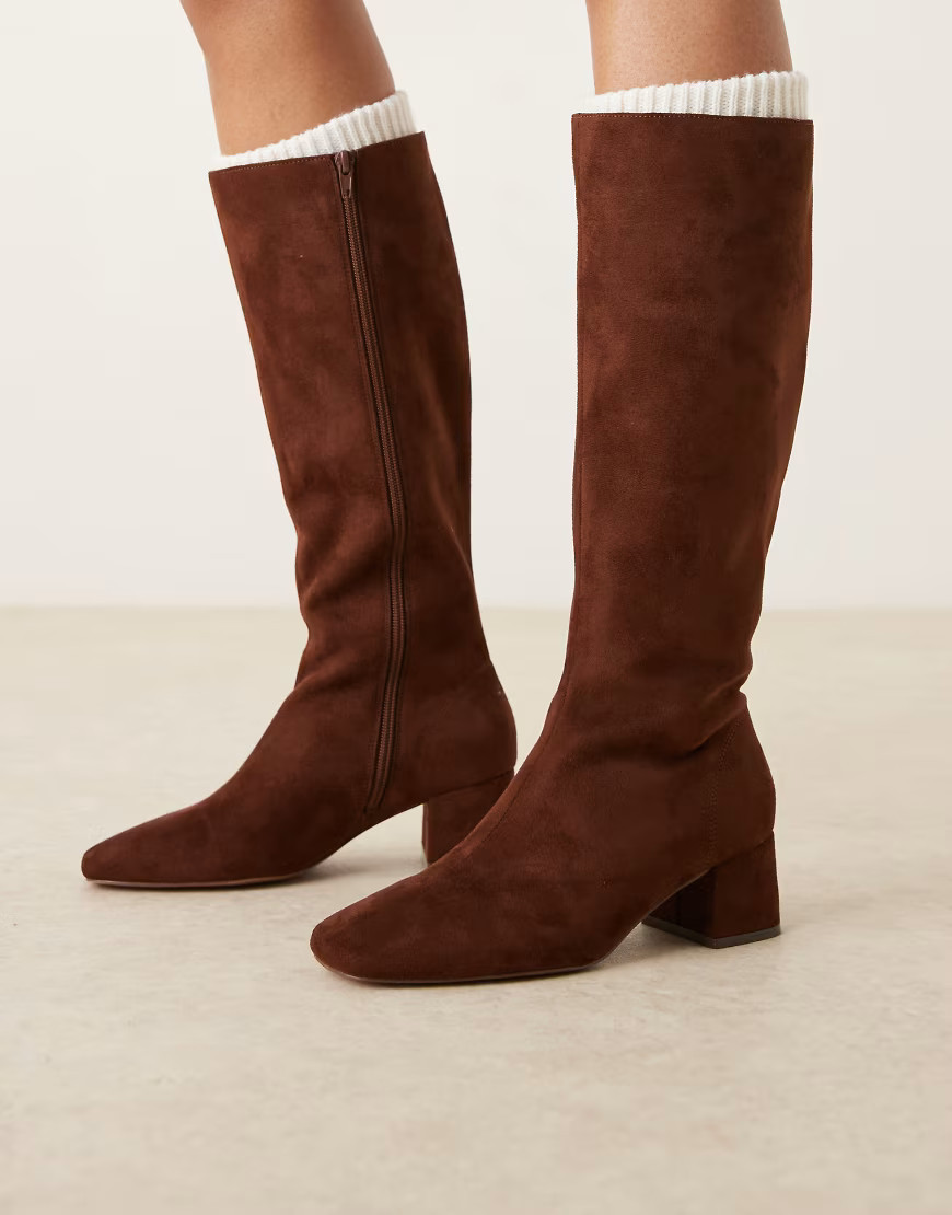 ASOS DESIGN Canary block heeled knee boots in chocolate suedette-Brown | ASOS (Global)