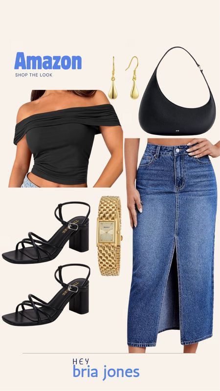 Amazon shop the look! 

Denim skirt, top, shoes, heels, gold watch, earrings, purse, bag 

#LTKItBag #LTKShoeCrush #LTKStyleTip