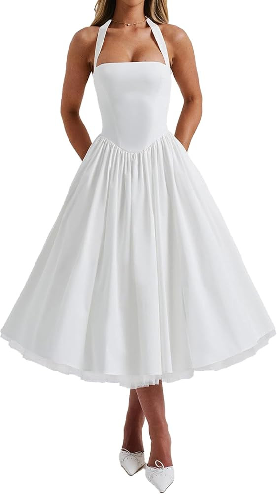 Women Halter Midi Dress Corset Back Layered Tulle Skirt A Line Formal Dresses Wedding Guest Brida... | Amazon (US)
