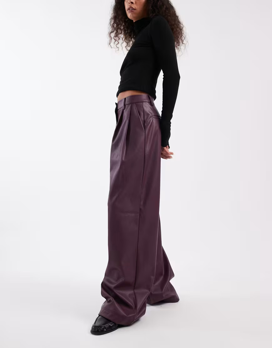Miss Selfridge faux leather wide leg pants in fig-Red | ASOS (Global)