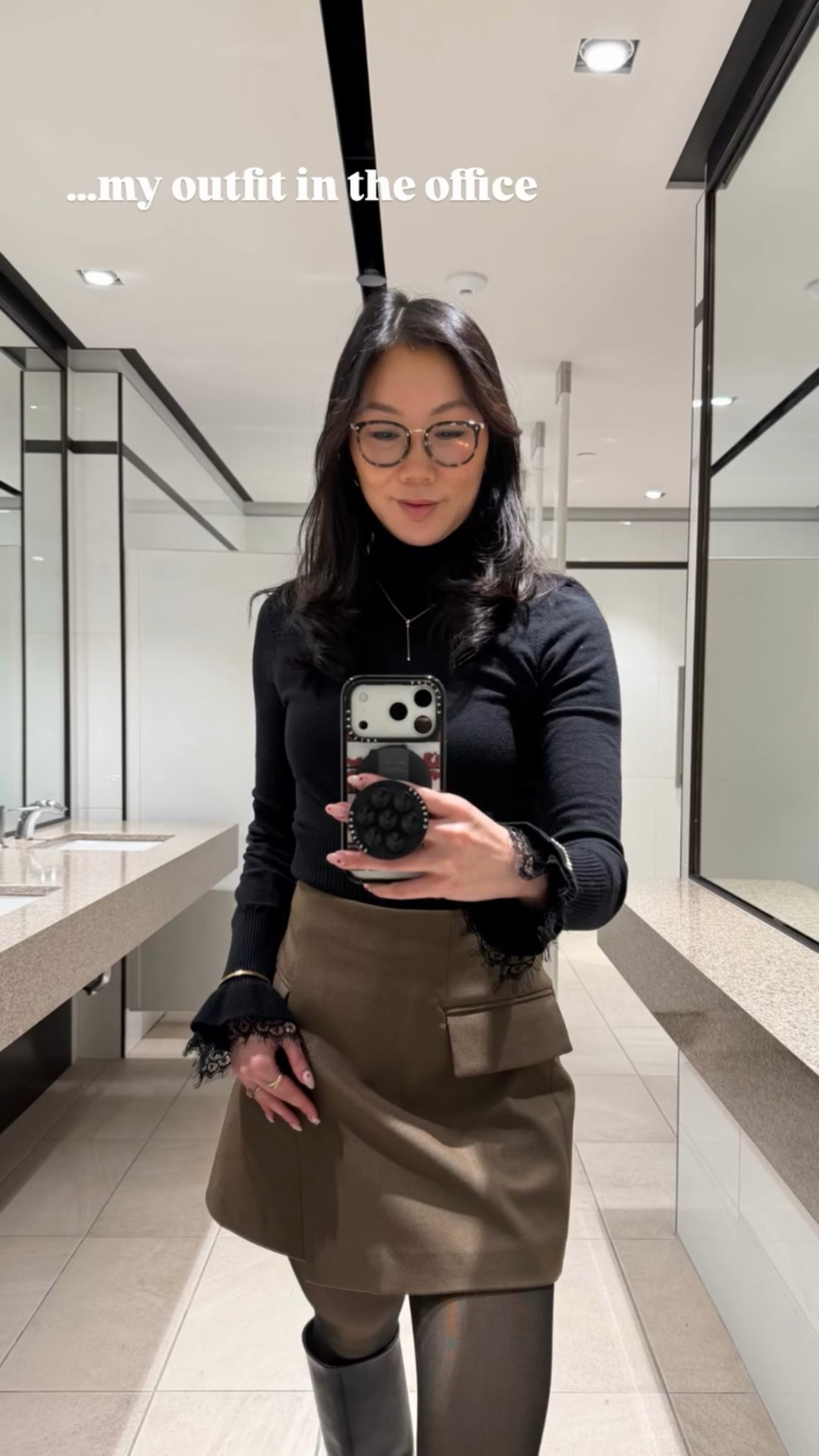 Simple office OOTD: black knit top with brown skirt with knee high boots and simple gold jewelry 

#LTKootd #LTKWorkwear #LTKmomlife