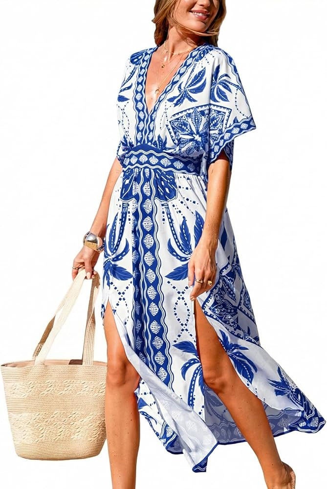 CUPSHE Women Boho Maxi Summer Dress Plunging V Half Dolman Sleeve Empired Waist Side Slit Sundres... | Amazon (US)