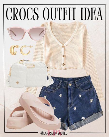 Step into summer with floral embroidery denim shorts and a chic button-front crop top. Complete the look with huggie earrings, trendy sunglasses, a stylish handbag, and platform Crocs sandals for the perfect blend of comfort and fashion.

#LTKSeasonal #LTKFindsUnder100 #LTKStyleTip