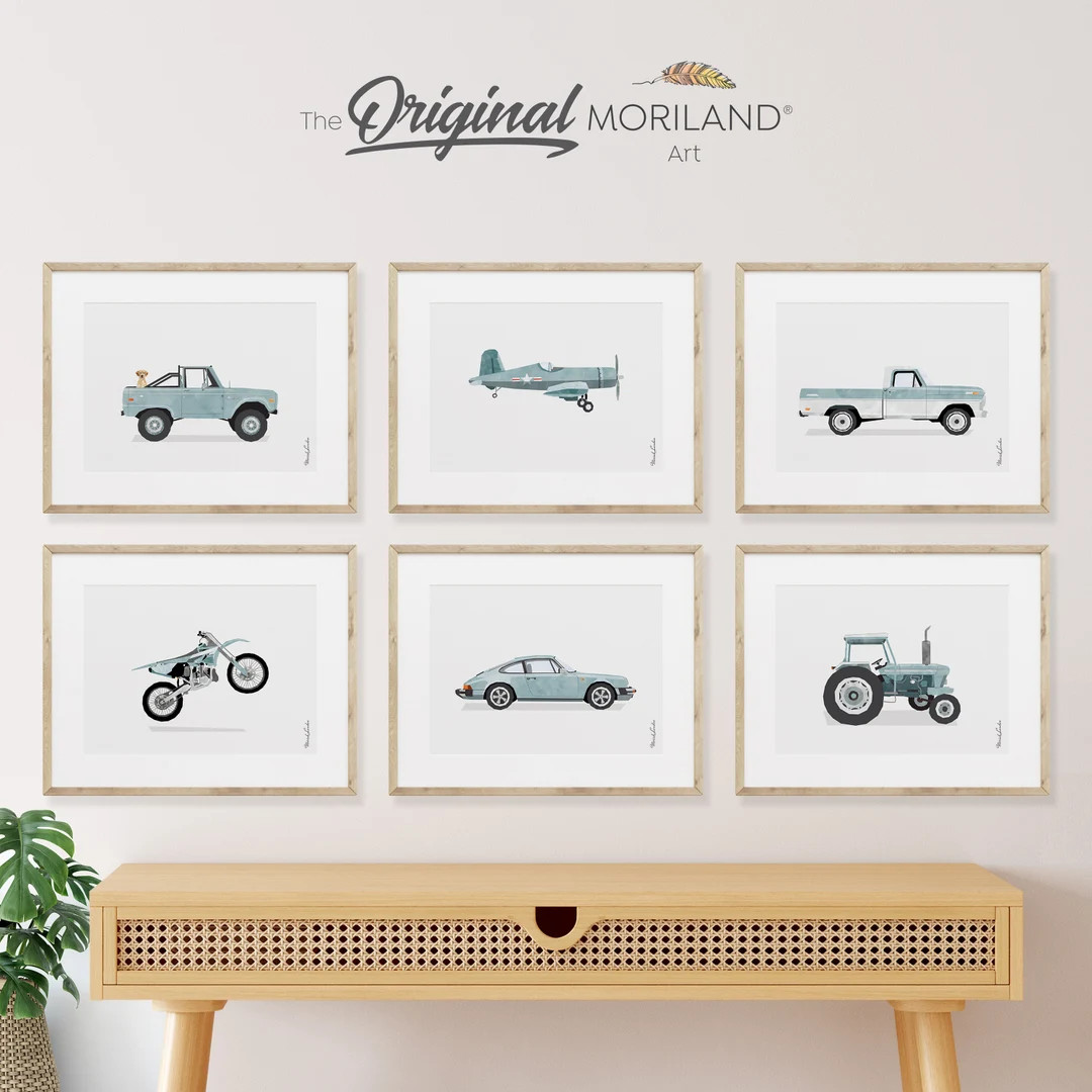 Pale Blue Vehicle Art Prints - Printable Set of 6, Car Poster, Boy Nursery Décor, Dirt Bike, Car... | Etsy (US)